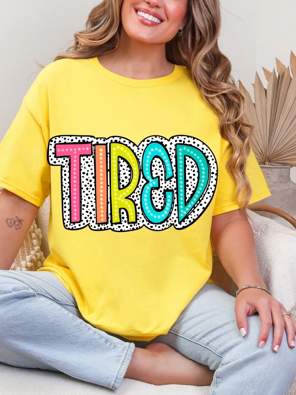 Gildan Yellow Tee with Colorful "TIRED" Graphic